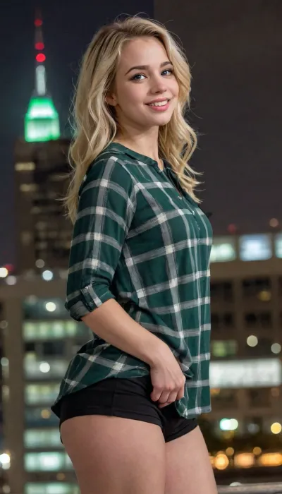 half body, 3/4 view portrait of a girl with black wavy hair, blonde hair, side view, tiny boobs, black pants, green plaid oversize tunic, facing side, city lights, 4ng3l, face, view from top, looking at viewer, smiling, thick fat legs, athletic muscular body, heroic pose, <lora:SDXL_BetterFaces-LoRA_v1:.5>