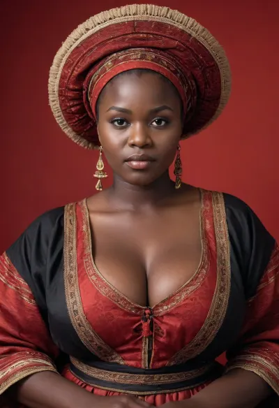 black, african, buxom, full, bbw, woman, traditional ukrainian clothes, looking at viewer, simple red background, fantasy, 1760s style, technicolor, film grain, ugandan