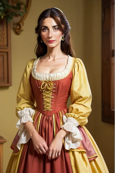 brunette, emaciated, milf, traditional italian clothes, looking at viewer, simple yellow background, fantasy, 1760s style, technicolor, film grain, italian