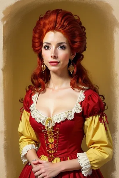 redhead, thin, milf, infante, traditional spanish clothes, looking at viewer, simple yellow background, fantasy, 1760s style, technicolor, film grain, italian