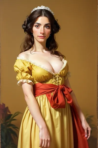brunette, emaciated, milf, naked, traditional italian clothes, looking at viewer, simple yellow background, fantasy, 1760s style, technicolor, film grain, italian