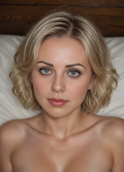 RAW photo, subject, (high detailed skin:1.1), 8k uhd, soft lighting, high quality, film grain, Fujifilm XT3, dynamic angle, 1women, 50 years old curvy naked Russian peasant woman, in peasant house, lying on bed, lying on her stomach, eyes contact, ((full body view)), milf, fair skin, ((angry:1.1)), (show full face), professional portrait, leaning, forward, ((f4rhairstyle)), (blonde wavy short hair:1.9)