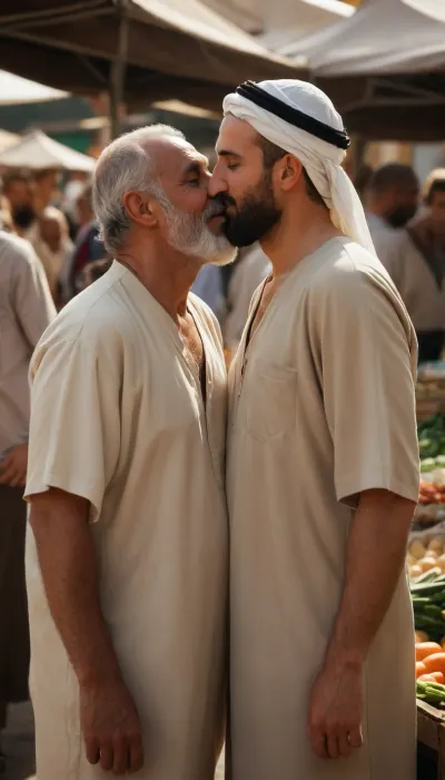 A highly detailed, photorealistic image of an older Arab man in a traditional kaftan sharing a passionate kiss with a younger, blond, heavily bearded, and tanned man wearing modern western clothing, beige shorts and a sleeveless undershirt. The scene takes place in the morning on a bustling vegetable market, with the sun shining brightly between their bodies, casting a warm glow. A passerby has stopped to observe them with a smile, adding warmth to the scene. The market is vibrant with fresh produce and bustling with shoppers in the background. Capture the authentic atmosphere of a Middle Eastern market with attention to detail and realism.