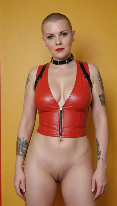 42yo chubby pale tattooed finnish woman, (buzzcut hair:1.4), freckles, full body and full frontal nude, (red pvc vest:1.2), bondage harness, <lora:shibari_bondage_-_v0.9.1.2-000010:.1>, <lora:PostApocalyptic_Chernobyl_v3:.6>, <lora:slave_restraints:.1>, <lora:skin_4-000015:.1>, in front of plain yellow wall