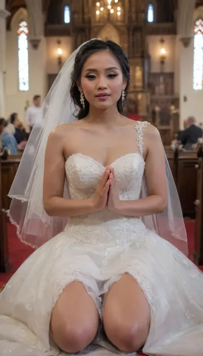 Asian bride, (((Vietamese woman in a wedding dress))), on her knees, praying, in a church, cum, on, face, <lora:JustCum:.8>