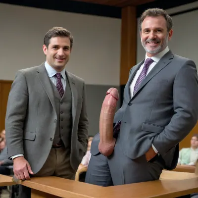 Create a masterpiece in ultra HD with sharp focus. The photo features two men. One man is Professor. One man is Student. Professor is a 60-year-old university professor. Professor has a beautifully detailed, masculine face. Professor's face has a perfectly natural and realistic appearance. Professor is Spanish. Professor wears a nice suit. Professor is standing. Professor is leaning against a lectern. Professor's pants are unzipped and pulled down. Professor reveals a fat, flaccid, uncut 20-inch penis. Professor is smiling.

Student appears at least 25 years old. Student is sitting fully clothed in a chair. Student is facing Professor. Student is looking at Professor's exaggeratedly large, flaccid penis. The lecture hall is modern and spacious. The lecture hall is brightly lit. Modern furnishings are visible in the background. Both faces are rendered with exceptional realism and detail. Enhance with, handslora, <lora:xpenis-1.5e:.5>, <lora:SDXLHighDetail_v5:.5>, <lora:590198_training_data:.5>