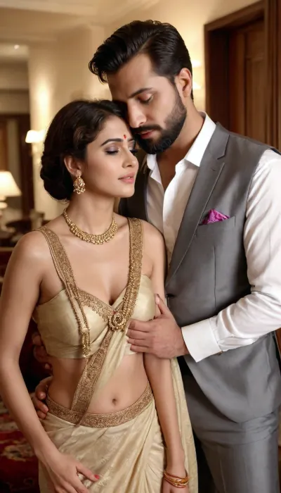 full body view of most beautiful european couple as most beautiful indian couple, most beautiful girl in elegant bold color saree and long curly hairs, hairs tied up with hair style stylishly, necklace, big wide black eyes, full face, makeup, low cut neck, SLEEVLESS, LOW CUT BACK, girl embracing with emotion and possessive feeling, pressing face to chest of man, emotional crying with longing feeling, innocence and ecstasy, hands around man neck, man comforting her, man with stylish beard, perfect SHORT hair cut, formals, photo realistic, 4k.
background, spacious modern elite photo room, with luxury sofa set, cream color carpfull body view of most beautiful european couple as most beautiful indian couple, DEEP CUT NECK AND BACK, MAROON color carpet, elegant interior designs, vintage lamps, romantic reunion ambience, photorealistic, vibrant colors, intricate details, 8k.et, 8k.