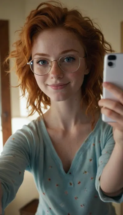 18 year old girl, babe face, ginger, freckles, smile, best quality, photorealism, masterpiece, ice blue eyes, messy hair, (pajama pants), glasses, topless, taking selfie in mirror