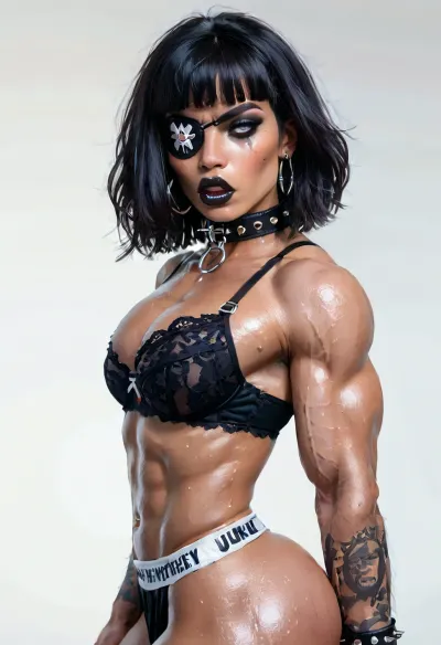 masterpiece, best quality, big ass, (alone, solo), BREAK
score_9, score_8_up, score_7_up, score_6_up, source_cartoon, rating_explicit, 1boy, bara, ((bimbo)), bimbo lips, black lipstick, annoyed, perfect eyes, collar, bra, (dark hair, beautiful hair, medium length hair, short bangs), gothic, goth, goth makeup, eyeshadow, trad goth, (sweaty), (yaoi), (heavy brow, wide jaw, brute face, brute jawline, thick neck, Brute chin, thick eyebrows), score_9, ahegao, wearing jockstrap, (((wearing black eyepatch))), white skin, tall, huge ass, massive ass, flat masculine chest, masculine abs, hairy chest, masculine body, eyes with pupils, vampire, muscular midsection, (muscular chest, flat chest), looking at viewer, (((very pale skin))), slut, full body fishnet, wearing fur coat, angry, degenerate, ((branded underwear)), intense wide eyed stare, standing upright, wearing tall high heels, ((1950s pinup model clothes)), gay pose, shaved back of head, elaborate drag outfit, SOLO, cape, vampiric, ass point of view
