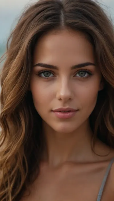 Crea una imagen hiperrealista de una mujer joven con cabello marrón claro con reflejos cobrizos y anaranjados. Su melena es ligeramente ondulada y cae de manera natural sobre sus hombros, con mechones sueltos que aportan un toque desenfadado y playero. Sus ojos son de un verde vibrante, expresivos y luminosos, reflejando la luz de manera realista.

Su piel es ligeramente bronceada, con un brillo natural y sutiles pecas sobre sus mejillas y nariz. Su expresión es relajada y amigable, con una leve sonrisa en los labios. Tiene cejas bien definidas, gruesas pero armoniosas, enmarcando su mirada. Sus labios son carnosos y de un tono rosado natural.

El escenario es una playa tropical, con arena clara y fina, agua cristalina de tonos turquesa y vegetación frondosa en el fondo.