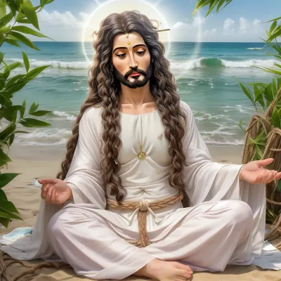 nature, beach. light shining. humidity.interconnections kvantum.ultra HD. realistic. hippy. the interconnections of the universe. Om padma hum.dressed Jesus Christ.