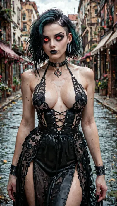 Girl goth demon, surnatural warning, monsterous girl, full view, depth of field