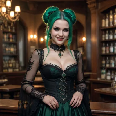 Green haired Girl, (evil smile), Gothic, style dress high details, complex decorations wide hips, thin waist scandalous dress of a barkeep + neckline + big bust + jewellery, very long transparent sleeves