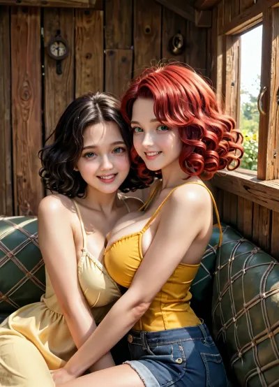 (masterpiece, best quality, ultra high res:1.1), (setting is a rustic wooden log cabin that has a warm and comforting atmosphere, there is a window visible in the background with a sunset visible, beams of sunlight shine through the window), There are two 23 year old girls sitting on a vintage 1960’s post modern couch, one of the girls is a beautiful chocolate skinned, black girl. The black girl is wearing a yellow sundress and has the top of it pulled down exposing her gorgeous, natural, melon shaped, giant breasts. The black girl has ringlet hair and looks stoned and happy with a lazy posture.

The other girl is a white beautiful stoner girl with bright red hair, she is wearing a black and green toque, she is wearing cut off denim shorts with holes in them, she has pale skin, wearing an unbuttoned flannel shirt, perky large breasts, hold a joint