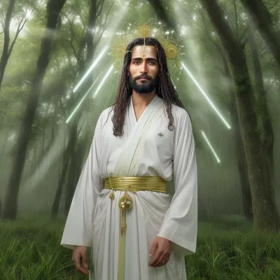 nature, forest. grass.rain. light shining. humidity.interconnections kvantum.ultra HD. realistic. the interconnections of the universe. Om padma hum.dressed Jesus Christ djedai and his djedai power. and he have light sabber.