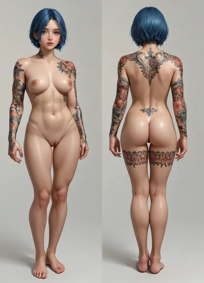 (Masterpiece, best quality, extremely detailed, ultra-detailed, detailed face), photo-realistic, (perfect face, perfect eyes:1.1), perfect anatomy, full body, a Japanese woman standing straight, facing forward, frontal body, blue hair, buzz-cut, thick muscular body, big shoulder's muscles, flushed pussy, earrings, (same tattoo, huge tattooed fully_legs:1.2), (same character, 2split views, left_view is front view, right_view is full body back view, simple all-white background:1.2), <lora:detailed_notrigger:1>, <lora:EasyFix:.5>, completely naked, nude, barefoot, NSFW