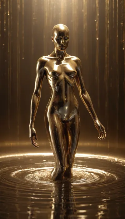 "A human figure partially enveloped in flowing liquid metal, resembling molten gold or mercury. The metallic surface reflects light dynamically, creating a surreal and futuristic aesthetic. The metal seamlessly merges with the skin, forming intricate patterns and organic shapes. Dramatic cinematic lighting, ultra-detailed, hyper-realistic, smooth reflections, futuristic and artistic composition.", <lora:Dance_Art:.5>, <lora:654321_training_data:.5>