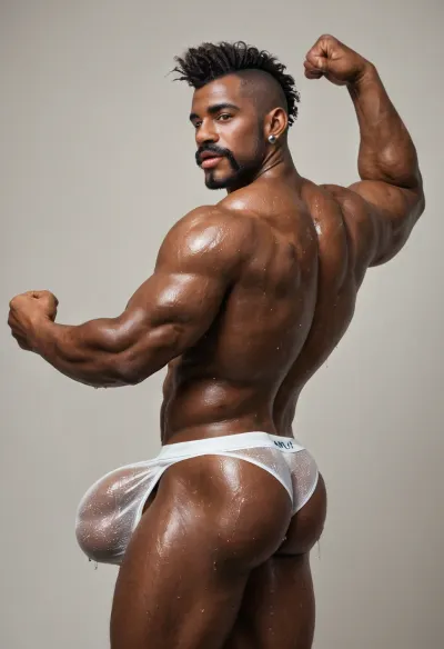 Solo male, masterpiece, best quality, photo, photorealistic, highest details, HD, perfect photographic, hot afican black male model, a big bodybuilder black gay male, gay man, 50 years-old age, furry hairy chest, hug pecs, big tits, big furry black mustache, ethnie from africa, very dark black skin, big lips, big mouth, mohawk haircut, very muscular, big bodybuilder muscles, standing proud, flexing his big biceps, oiled body, confident, hot, sexy, wearing wet transparent white speedo, big bulge, huge cock, enormous bulging, transparent white speedo, big balls, cool posing to camera, full lenght view, side rear view, very dark black skin.