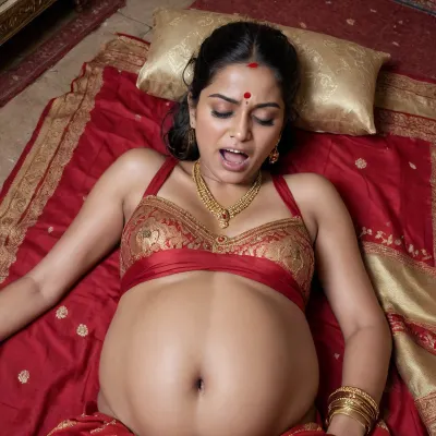 The heavily pregnant Indian woman, her dark skin glistening with sweat, is lying on her back, her legs spread wide. She's wearing traditional gold jewelry, a bindi on her forehead, and a vibrant red saree that's bunched up around her waist, exposing her bare lower half. Her long, black hair is tied back in a messy bun, tendrils framing her flushed face.She's in the final stages of labor, her face contorted in pain as she pushes.Suddenly, her vagina stretches wide open, and the fetus's head begins to emerge. The head is covered in a thick layer of mucus, the skull visible through the translucent membrane. The woman screams in Hindi, her voice hoarse and desperate, as she pushes harder, her body shaking with the effort.