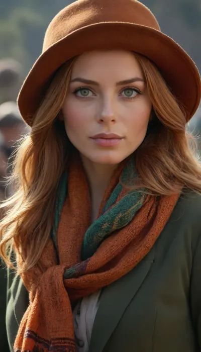 a close up of a woman 35ys, green eyes, (long ligth bronw hair), orange hair, wearing a hat and a scarf, by Hannah Tompkins, market setting, chile, wearing collar, jenny seville, nepal, very professional, amber, looking confident, christina kritkou, # 0 1 7 9 6 f, thick collar, slightly sunny, inca style, casually dressed