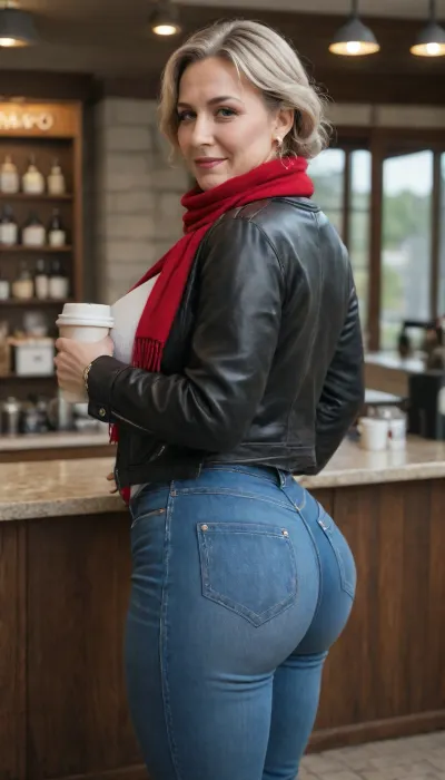 (50 year old MILF pawg:1.6), She has curly gray short hair with blonde highlights. Wearing black leather jacket, white undershirt, jeans, red scarf, (big thighs:1.3), (Flashing nude big ass:1.1), (3/4 view:1.4), . coffee cafe. looking back at viewer smiling.