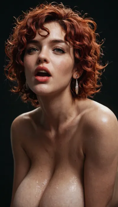 Milf, 53 years old, thick, big breasts, short hair, dark-red hair, she is a hooker, black background, bend forward, showing her tits, sexy open mouth, messy hair, <lora:polyhedron_photostudio-000005:.5>