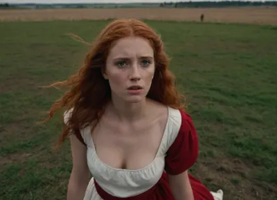 (man, Roman senator in 50AD), (rough fucking), doggystyle, a beautiful local girl 19yo, (long red hair in roman style), upset but in ecstasy, wide angle, full length, viewed from a distance, side view. In a field, soft daylight. Masterpiece. HD. 8k.