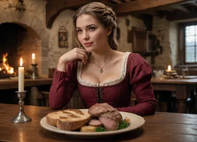 (8k uhd, dslr, highest quality, masterpiece, detailed skin texture, (highly detailed hair), (highly detailed face), extremely detailed), Medieval woman eating at a wooden table in a cozy, dimly lit tavern. She has a a huge large bust, is short and a bit plump, dressed in an elegant medieval gown. The woman wears intricate jewelry, and her hair is styled in a beautiful, traditional medieval updo. The tavern is rustic with stone walls, wooden beams on the ceiling, and warm, flickering candlelight casting soft shadows on the room. The table is covered with various medieval dishes, including bread, roasted meat, and mugs of ale. The atmosphere is intimate and inviting, with a fire crackling in the hearth, adding a warm glow to the room.