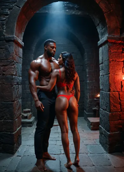 Joshua a black muscular man, (70inches height), holding Ankita a dusky slender woman, (65inches height), from behind, model like pose, in a dungeon setting, the backdrop features glowing red accents among dark stone walls, adding depth to the scene, <lora:add-detail-xl:.5>, <lora:xl_more_art-full_v1:.5>