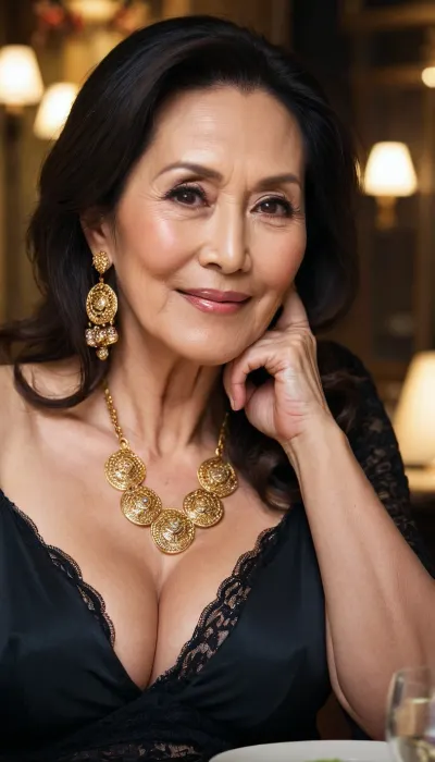 Japanese old granny mature, Asian Japanese, sexy 65 years old granny, dark brunette hair, long hair, glamour, big hoop earrings, necklace, big black eyes, tall, curvy, extreme saggy tits, very saggy boobs, super saggy tits, gold necklace, looking at the camera, lovely smile face, long sleeve lingerie, charming, dark brunette, at the fancy restaurant table, elbow on table, hands on chin and face, in love looking