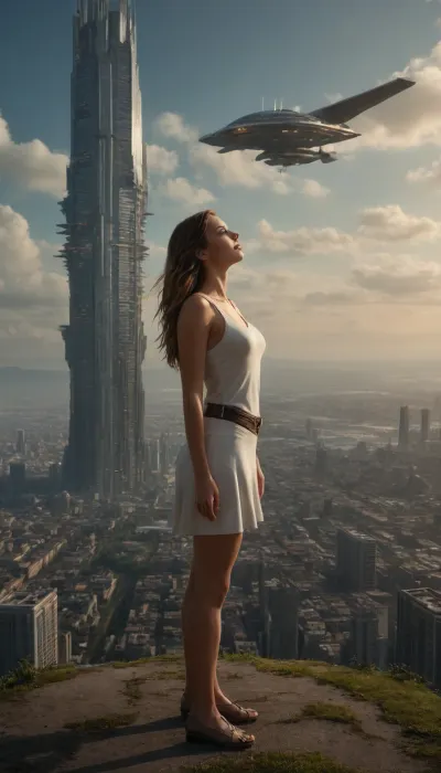 (flying city, city in the sky, floating island city, futuristic city), (beautiful woman standing on the ground looking up at a fantastic flying city in the far distance:1.4), (masterpiece, extremely intricate and detailed, photo realistic:1.3), (HDR lighting, sharp focus, dramatic, award winning, cinematic lighting)