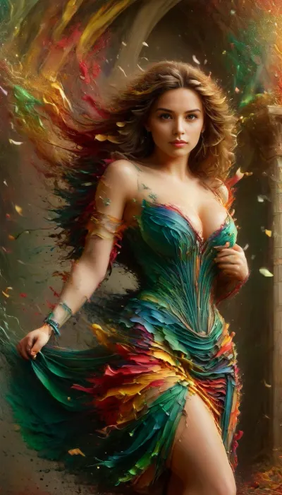 The image is Painting style, ((dry paint peel)), Mia is a Beautiful 23 yo woman with shoulder length brown wavy hair, medium round perfect perky tits, hip length hair, long hanging green emerald pendant between boobs, green painted nails, earrings, bracelets, bangles, rings, shiny armbands, jewelry, sexy wizard robe, bone lined corset, lace bra top, high split skirt, in a fantasy castle, ral-drptpl, <lora:681678_training_data:.5>, <lora:ral-drptpl-sdxl:2>, large, breasts, big, boobs, huge, tits, <lora:bombshell_v2:.5>, corset, gown, <lora:7a8684c1-aa8f-4e58-ab05-2f1981c3998c.TA_trained:.5>