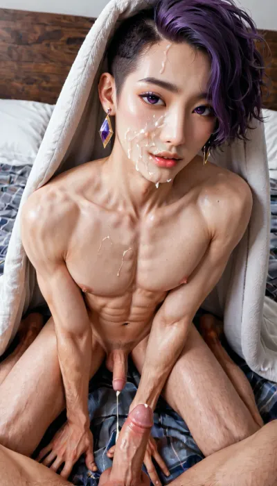 Cute asian twink, 25 years old, sexy japanese twink, gay guy, male, masculine, lean, tall boy, femminine man, slim seductive korean twink, tiny twink, femboy, slender, slim, thin, kneelng on bed, on knees, blanket over head, blanket draped over head, fuzzy red fleece blanket, slutty waist, nude, penis and testicles visible, wearing rainbow miniskirt, seductive, suggestive, coy, bright purple hair, hands on knees, long hard nipples, pointy nipples, with a micro penis, tiny dick, erection, erect penis, small hard penis, testicles, penis, covered in cum, cum all over face, kneeling in front of me, first person point of view, getting a facial, close up shot of my cock on their face, Ejaculations onto face, <lora:255700_training_data:.8>, <lora:xpenis-1.5e:1.2>, <lora:TwinksAnatomyXL_v1.0:1.8>, <lora:MicroSkirt_XL:.8>