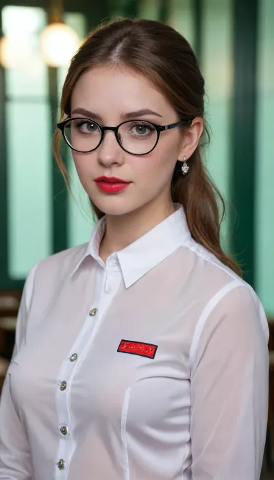 (SDXL:.3), (Beautifull british-rusian korean), (curvy), (pale), (nerd), (shy girl), (green round eyes), (big rounded D size breasts), (ear rings), (red thin lips), (round small pierced nose), (wearing thin specs), (sexy very transparent white school unbutton uniform), (3/4 view), (unzip shirt buttons), (diamond face)
