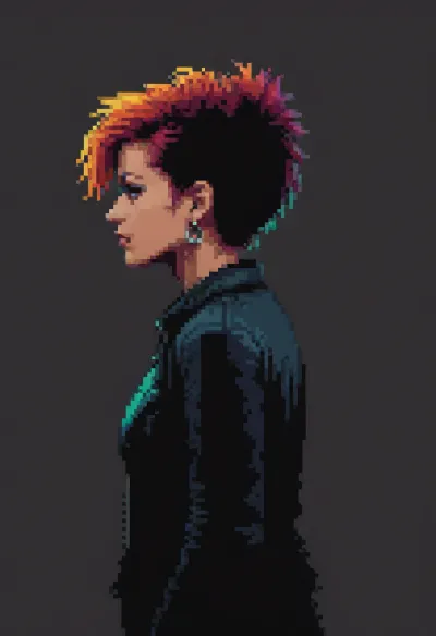 Minimalistic pixelart of a punk woman in silhouette, <lora:pixel-art-xl-v1.1:.9>