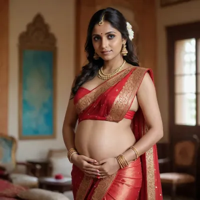 Pregnant 10 months naked woman, Indian in a wedding saree