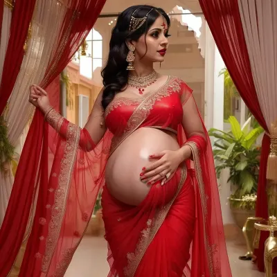 Pregnant 10 months naked woman in a Transparent red saree, Indian, Her pussy and breast must be visible