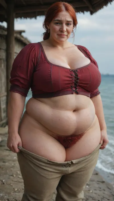 Realistic photo, masterpiece, high quality, hdr, Sexy 55 year old woman, Dressed as a Medieval corsair, ocean Beach photo, pants down Medieval corsair uniform, taking photoshoot, sexy body, curves, red hair, long red hairy, (red hairy, fat, obese, overweight:1.2), standing spread her legs, (Bangs on the forehead:1.1), full Medieval corsair uniform, flat, chest, big, breasts, huge, gigantic, small, hips, thighs, wide, thick, plump, belly, muscular, female, arms, extra, abs, (wrinkles:1.5), <lora:Venus_Body_Alpha:.5>