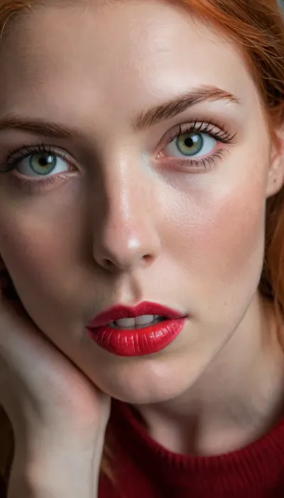 (selfie, portrait, face portrait with emphasis on her eyes, close up of face, (dramatic high contrast rim lighting with sharp otherworldly shadows:1.8), (Scandinavian and Irish features), (photorealistic, photo realistic, photorealism, photo realism:1.8), (4k, 8k, 8k resolution, best quality, ultra quality, highest quality, maximum quality, uncompressed, raw source photograph:1.2), (same colour eyes, symmetric eyes, matching eyes, detailed eyes, detailed iris, detailed pupils, limbal ring around iris, perfectly round iris, perfectly round pupils:1.4), (detailed skin, high detailed skin, intricately detailed skin, perfectly detailed skin, high quality skin, highest quality skin, exquisitely textured skin), (intricate clothing, detailed clothing), (microblade eyebrows, perfectly manicured eyebrows), (flushed cheeks, flushed neck, blushing cheeks, blushing neck), (her wide strong jaw highlights her powerful jawline, high cheekbones, sharp cheekbones, faint vellus hairs), (cute tall tall upturned button nose, delicate nose), (long messy hair framing her face, fiery red hair:1.3), (big eyes, wide eyes, doe eyes, slightly wide set eyes), (striking eyes, captivating eyes, mesmerizing eyes, glittering eyes, Fae eyes), (pale light green eyes with golden flecks), (large natural soft breasts, high breasts), (athletic body, sporty body, lean body, fit body), (she's in love, adoring gaze, loving expressing, adoring expression, joyous, joyful, pleased), (girlfriend, girlfriend material, girlfriend experience), (pale skin with freckled cheeks and nose, noticeable freckles), (facing directly into camera, head tilted slightly forwards), Triss Merigold, red lipstick, smoky eyes)