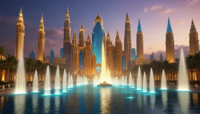 photorealistic image, fullcolor image, full body view, 8K quality, night, fantastic multi-colored lighting, the world of Atlantis, highly developed alternative technologies, futuristic siti, crystal energy-based technologies, Giant golden statues of gods and goddesses, colored fountains with lighting, (many fantastic flying machines), high-rise buildings made of gold and crystal glas