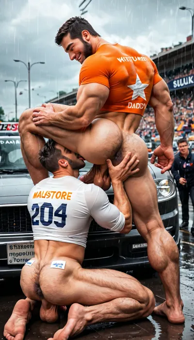 Masterpiece, realistic, hot gay scene, gay men, à beefy muscular daddy 45-years-old, short black hair, beard, black hairy body, hairy asshole, hairy pubis, hairy balls, big dick and big balls, wearing tight crop top, (inscription Orange star on crop top), licking a youn boy's ass, sweet boy, nice ass nice cock, smiling face, bent over on mustang muscle car, full body, side rear view from top, under heavy rain, grey skumy, clouds, hardcore gay, anulingus, (anulingus:1.4), mustang sport car, in front of men crowd, ewxiting, teasing