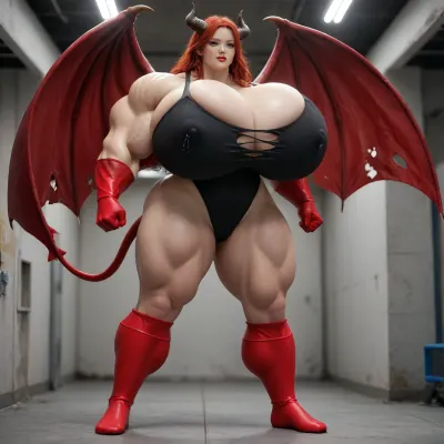 1girl, {{{{unbelievably mega gigantic colossal hypermuscles}}}}, {{{{unbelievably mega gigantic colossal hyperbreasts}}}}, {{{{unbelievably mega gigantic colossal hypernipples}}}}, {{{{unbelievably mega gigantic colossally swollen hyper-camel-toe}}}} DC Comic books, Superhero, Superheroine, standing in a high-tech, super science laboratory, unlimited magical growth and unrealistically distorted body part sizes, dark red skin, cascading extremely long curly dark crimson red hair, 10' tall, Tiefling Succubus amazon giantess with gigantic massive colossally muscular hyper-muscles with gigantic colossally muscular huge arm muscles, wearing a blue and white skintight ripped Superhero costume, porn star erotic model huge gigantic perky extremely round wide diameter hyper breasts boobs under the superhero costume, sexy female face, huge massive thick black spiral-shaped horns on her heard, a very short thick demon tail slightly curving behind her with a spade shaped tip at the end, pumped-up breasts, pumped-up muscles, huge massive colossal gigantic demon wings on her back reaching over halfway to the ground and rising above her head and flaring out to either side of her, gigantic sized muscular shoulders, extremely slim waist, unbelievably long and deep cleavage firmly pressed together, wide plush hips, gigantic bubble-butt, gigantic muscular girl, include extreme female hyper-muscle growth with supersized biceps and triceps and gigantic muscles bulging and ripping out of her top, extreme female hyper-breast growth to gigantic colossal perfectly round super-firm breasts firmly thrusting directly straight out from her chest, her breasts are so firm and rounded that they cover everything from base of her neck down to where they touch the middle of her thighs and stick out to beyond her arms, extremely long narrow deep cleavage, both breasts pressed firmly together, her of her costume, gigantic super-perky nipples tenting the fabric of the costume that covers them by thrusting upward from her breasts, gigantic arms, gigantic legs, extreme female muscle growth, each breast a thousand feet in diameter, each bicep and triceps five hundred feet in diameter, each breast's volume a thousand times her body mass, Biceps and Triceps volume a thousand times greater than body mass, Nipple volume greater than her body, colossal biceps, extreme breast growth, extreme nipple growth, extreme lactation, high volume lactation causing milk to gush from each nipple, massively swollen breasts, overfilled breasts, gigantic prominent noticeably swollen and bulging camel-toe with an extremely long massive slit, entire body volume greater than a thousand times more than a normal person, extremely noticeably prominent steroid muscle growth creating gigantic oversized slabs of muscles all over her body, gigantic prominent black areola bulging out from under each superhero costume covered nipple