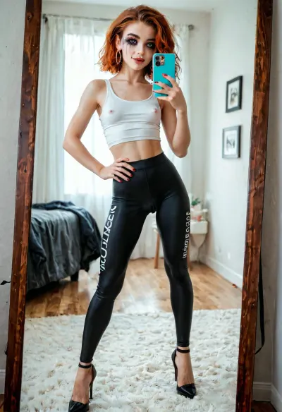 Stylish mirror selfie featuring a 18 yo, beautiful eyes, cute nose, sweet look, ((small, petite:1.3)), cute young redhead, saggy empty tits, pale. She’s dressed in a tanktop and wearing tight light leggings with high heels, cameltoe, (pussy outlined by pants), posing with a hand on her hip showing off her fit ass, her ass crack is well visible. The room has a modern aesthetic, with a large mirror, scattered makeup items, and hard lighting that enhances the neon colors around her. The angle of the shot is slightly tilted, capturing a laid-back, influencer-inspired vibe