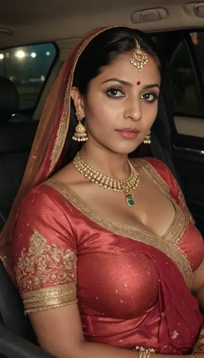 very gorgeous indian milf busty thick figure married rajasthani wife wearing a indian wedding blouse, sitting in a car front seat at night, looking towards driver open buttons blouse, tied