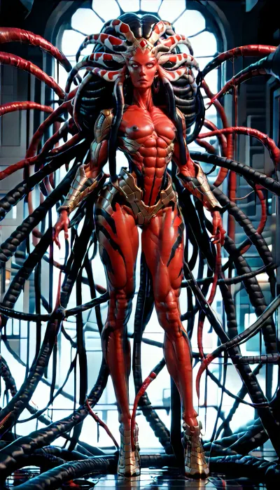 1 femalien posing, (front view), (massive thin lips:1.3), (long ornate black and gold armor:1.3), (extremely long tentacle hair:1.5), (black hair:1.3), (long thin face:1.2), (red skin:1.3), (very long thick eyelashes:1.1), (bright white eyes:1.4), (muscular alien body:1.6), (extremely long legs:1.3), collarbones, (earrings:1.1), (sexy tiny breasts:1.3), (thin waist:1), (small nipples:1.2), (bubble butt:1.3), (thick athletic thighs:1.6), (long arms:1.6), (nude:1.3), (full body view:1.3), (massive creampie:1.3), (perfect eyes:1.3), 8k, space
512/3000, alien, species, futuristic, suit, electalien, artstyle, <lora:alien-species:2>, <lora:157880_training_data:2>, <lora:Alien_God_V3:2>, <lora:Electric Alien - Trigger is ElectAlien Artstyle:2>