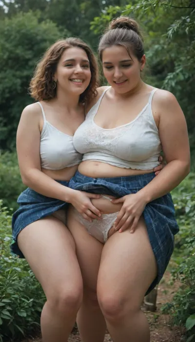 woman, (Two), Two modest and cautious women, fat, obese overweight, assed, old women lift up their skirts, In the thick bushes, soft erotic scene, show lesbian love, pleasure, happy, orgasm faces