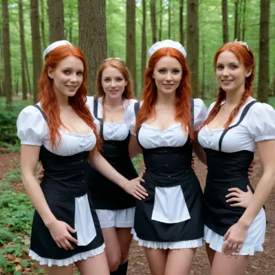 typical 25 year old red haired german beautyful nurse with cum on tits and clothes and on face posing, (((with two other typical german beautyful barmaids with cum in their faces and tits))), full body view, extremly high detailed, (in a forrest), lots of cum