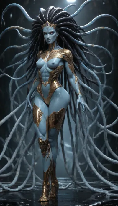1 femalien posing, (front view), (large thin lips:1.3), (long ornate black and gold armor:1.4), (extremely long tentacle hair:1.5), (black hair:1.3), (long thin face:1.2), (blue skin:1.4), (very long thick eyelashes:1.1), (bright white eyes:1.4), (muscular alien body:1.6), collarbones, (earrings:1.1), (sexy tiny breasts:1.4), (thin waist:1), (small nipples:1.2), (bubble butt:1.3), (thick muscular thighs:1.6), (extremely long legs:1.6), (long arms:1.6), (nude:1.3), (full body view:1.3), (massive creampie:1.3), (perfect eyes:1.3), 8k, space
512/3000, alien, species, futuristic, suit, electalien, artstyle, <lora:alien-species:2>, <lora:157880_training_data:2>, <lora:Alien_God_V3:2>, <lora:Electric Alien - Trigger is ElectAlien Artstyle:2>
