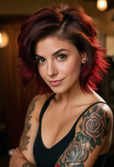 (crazy ex-girlfriend, woo girl, mischievous, adorable, playful, spunky, bad influence, naughty, trouble maker, rebellious, passionate, pleased, exuberant, energetic:1.6), (stunning body, playful attitude, mischievous expression, mischievous smirk:1.2), (fit body, muscular thighs, soft breasts:1.4), (intricate tattoos:1.8), (snapshot aesthetic, intimate snapshot, candid snapshot:1.5), (expressive eyes, large eyes, mischievous eyes, captivating eyes:1.2), (vibrant hair cut in stylish textured layers, voluminous stylish hair, punk hair:1.4), (natural lighting, naturally lit, ambient lighting:1), (soft shadows on her face:.9), taken with a smartphone camera, snapshot style, point-and-shoot, shallow depth of field, (natural phone bokeh, lens flare:1.1), slightly off-center composition, natural framing, medium shot, soft focus on background, ziprealism