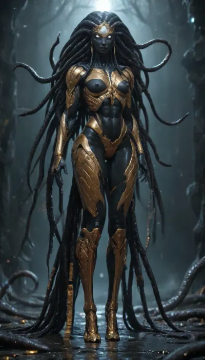 1 femalien posing, (front view), (massive thin lips:1.3), (long ornate black and gold armor:1.3), (extremely long tentacle hair:1.5), (black hair:1.3), (long thin face:1.2), (vanta black skin:1.3), (very long thick eyelashes:1.1), (bright white eyes:1.4), (muscular alien body:1.6), (extremely long legs:1.3), collarbones, (earrings:1.1), (sexy tiny breasts:1.3), (thin waist:1), (small nipples:1.2), (bubble butt:1.3), (thick athletic thighs:1.6), (long arms:1.6), (nude:1.3), (full body view:1.3), (massive creampie:1.3), (perfect eyes:1.3), 8k, space
512/3000, alien, species, futuristic, suit, electalien, artstyle, <lora:alien-species:2>, <lora:157880_training_data:2>, <lora:Alien_God_V3:2>, <lora:Electric Alien - Trigger is ElectAlien Artstyle:2>